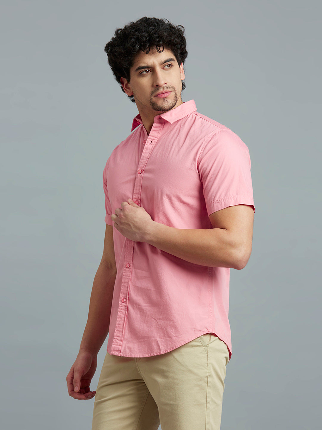 Pink Solid Peached Cotton Slim Fit Casual Half Sleeve Shirt