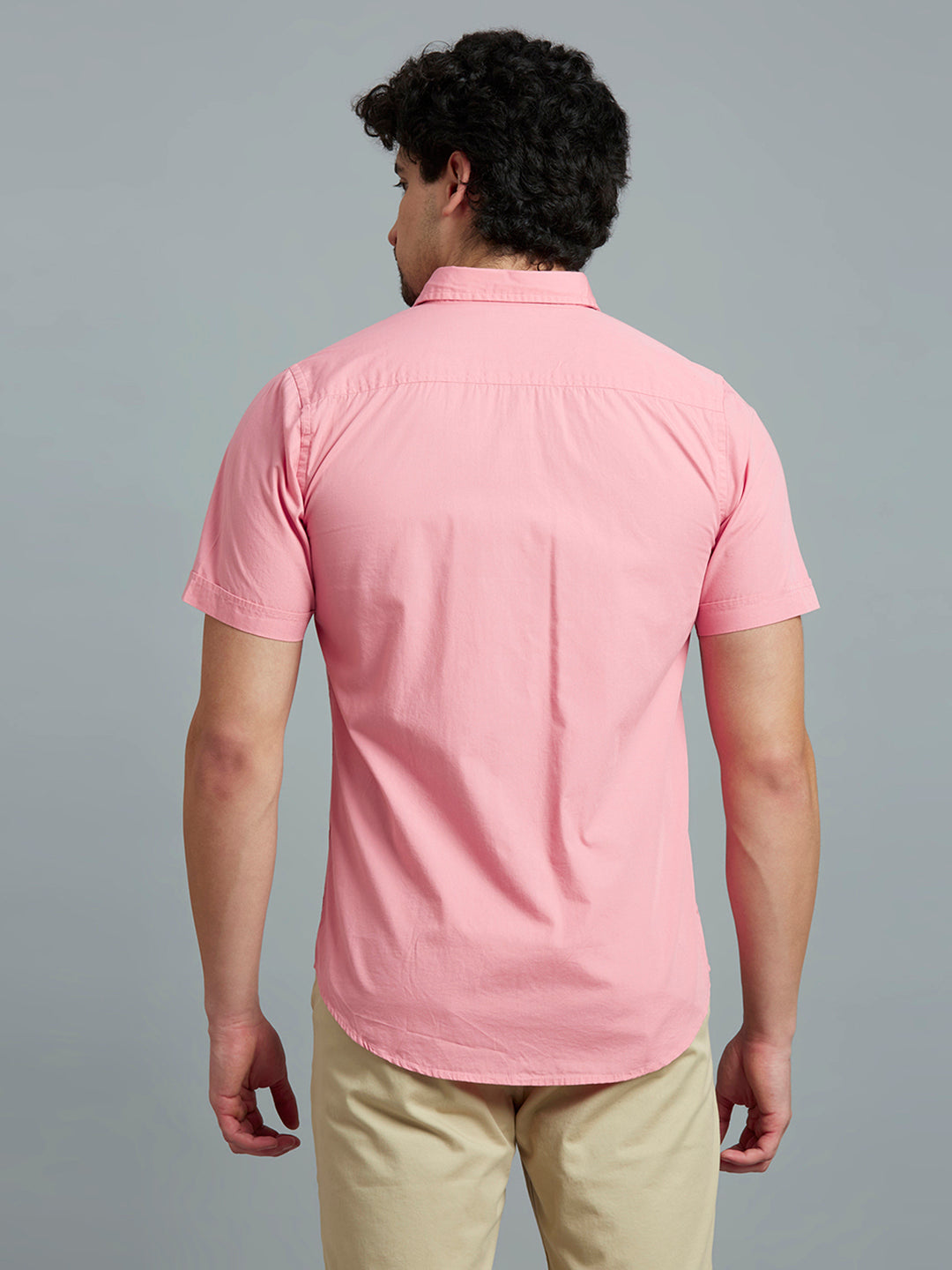 Pink Solid Peached Cotton Slim Fit Casual Half Sleeve Shirt