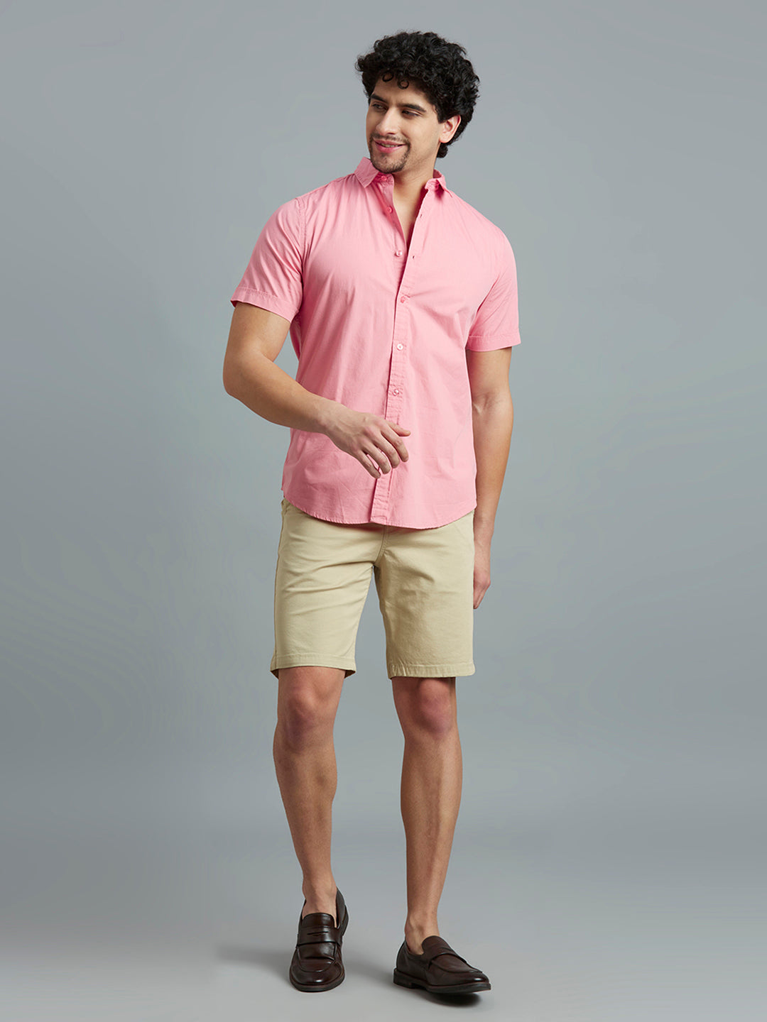 Pink Solid Peached Cotton Slim Fit Casual Half Sleeve Shirt