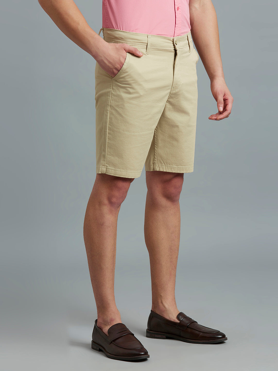 Beige Twill Cotton Spandex Tailor Fit Casual Closed Bottom Short