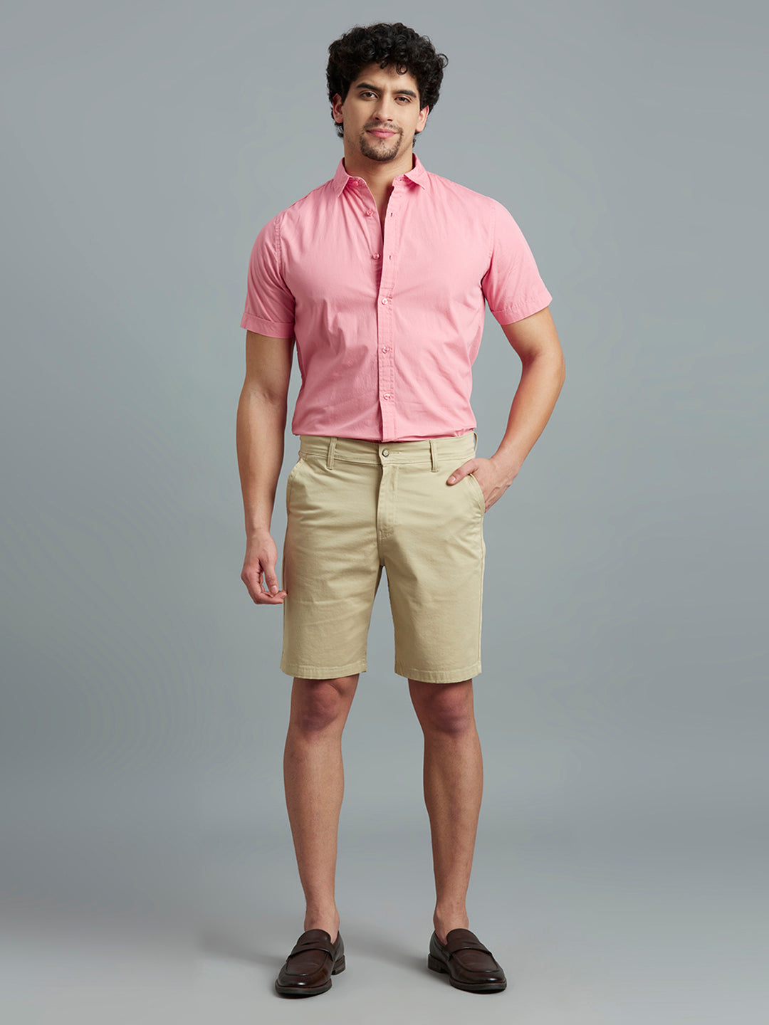 Beige Twill Cotton Spandex Tailor Fit Casual Closed Bottom Short