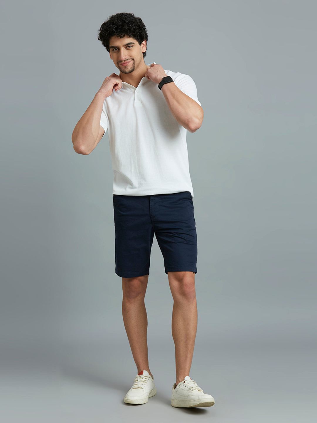 Navy Twill Cotton Spandex Tailor Fit Casual Closed Bottom Short