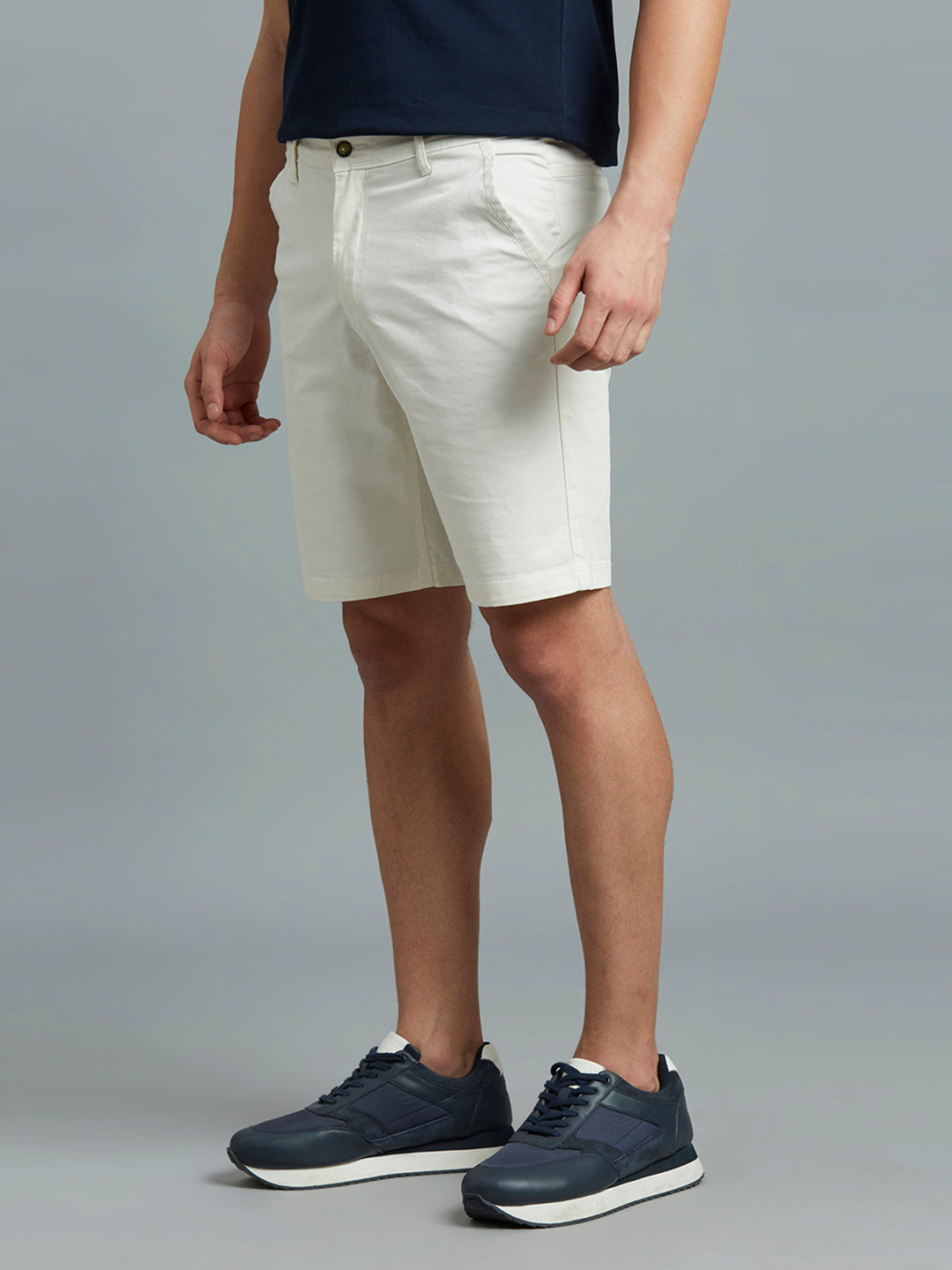 White Twill Cotton Spandex Tailor Fit Casual Closed Bottom Short
