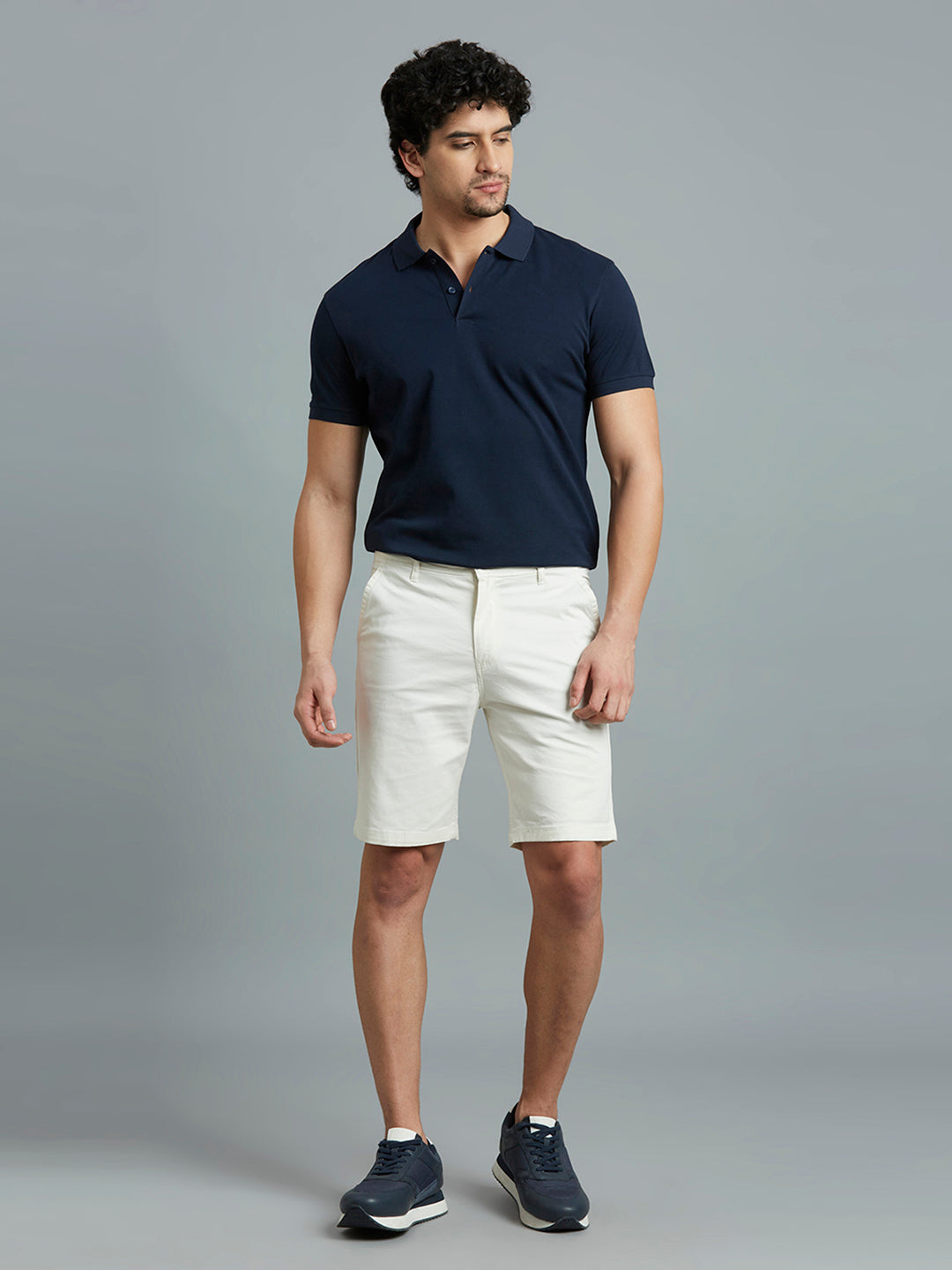 White Twill Cotton Spandex Tailor Fit Casual Closed Bottom Short