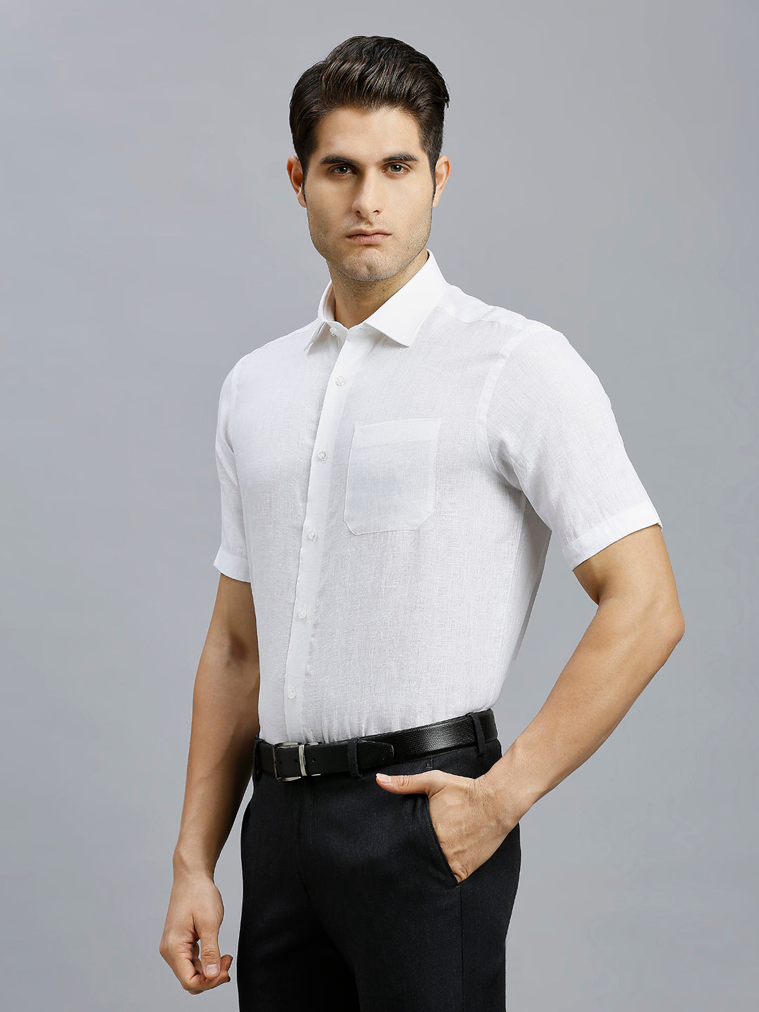 White Solid 100% Linen Regular Fit Formal Half Sleeve Shirt
