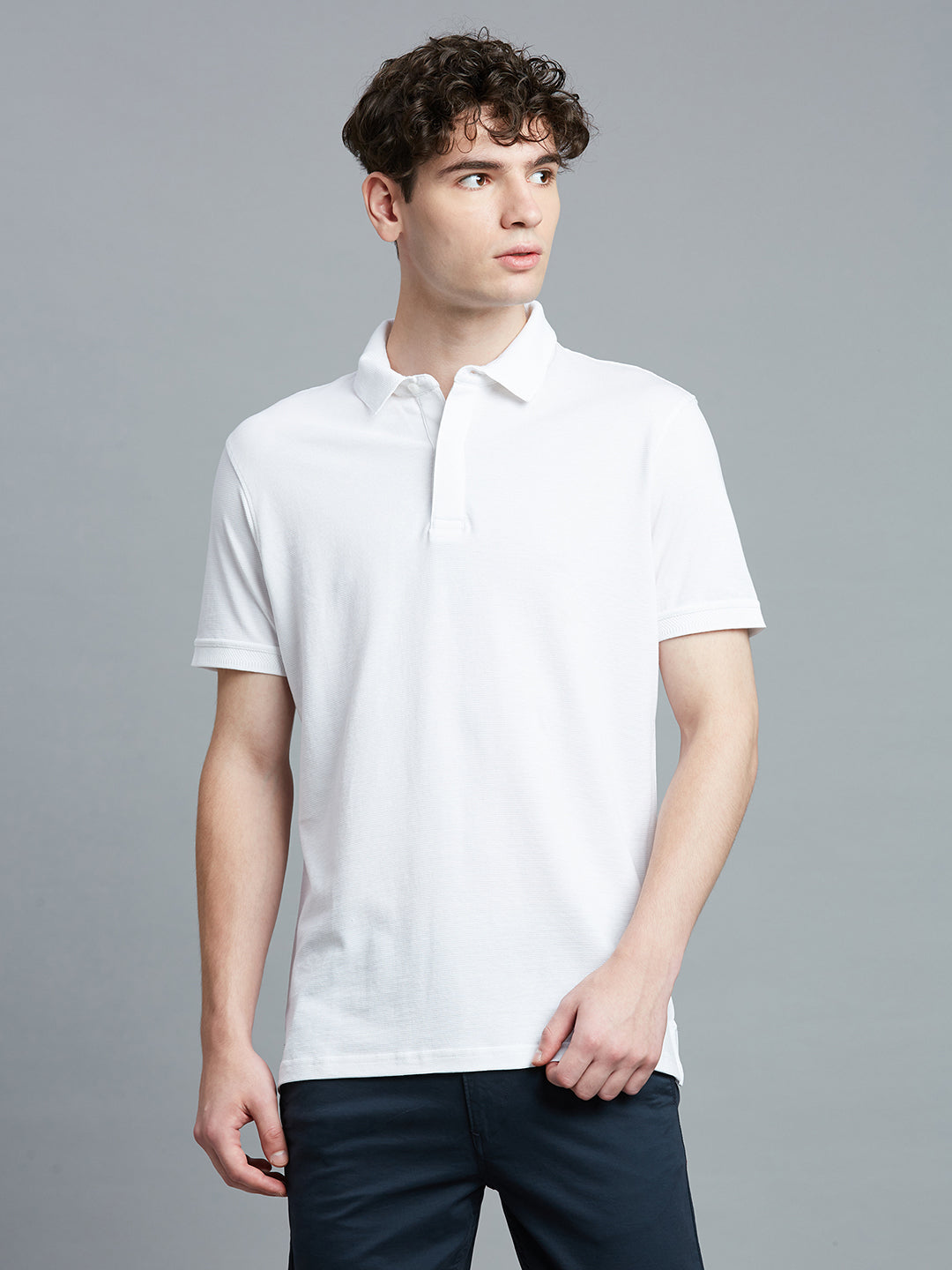 Chic White Jacquard 100% Cotton Slim Fit Casual Half Sleeve T-Shirt