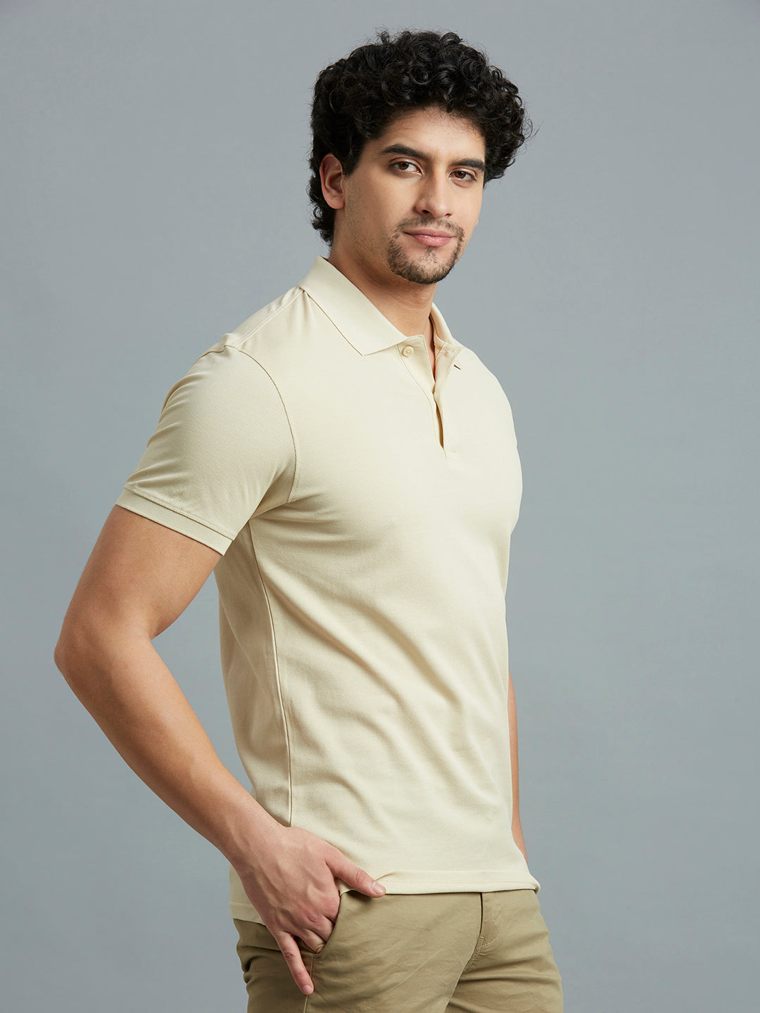 Beige Pq 100% Cotton Slim Fit Casual Half Sleeve T-Shirt