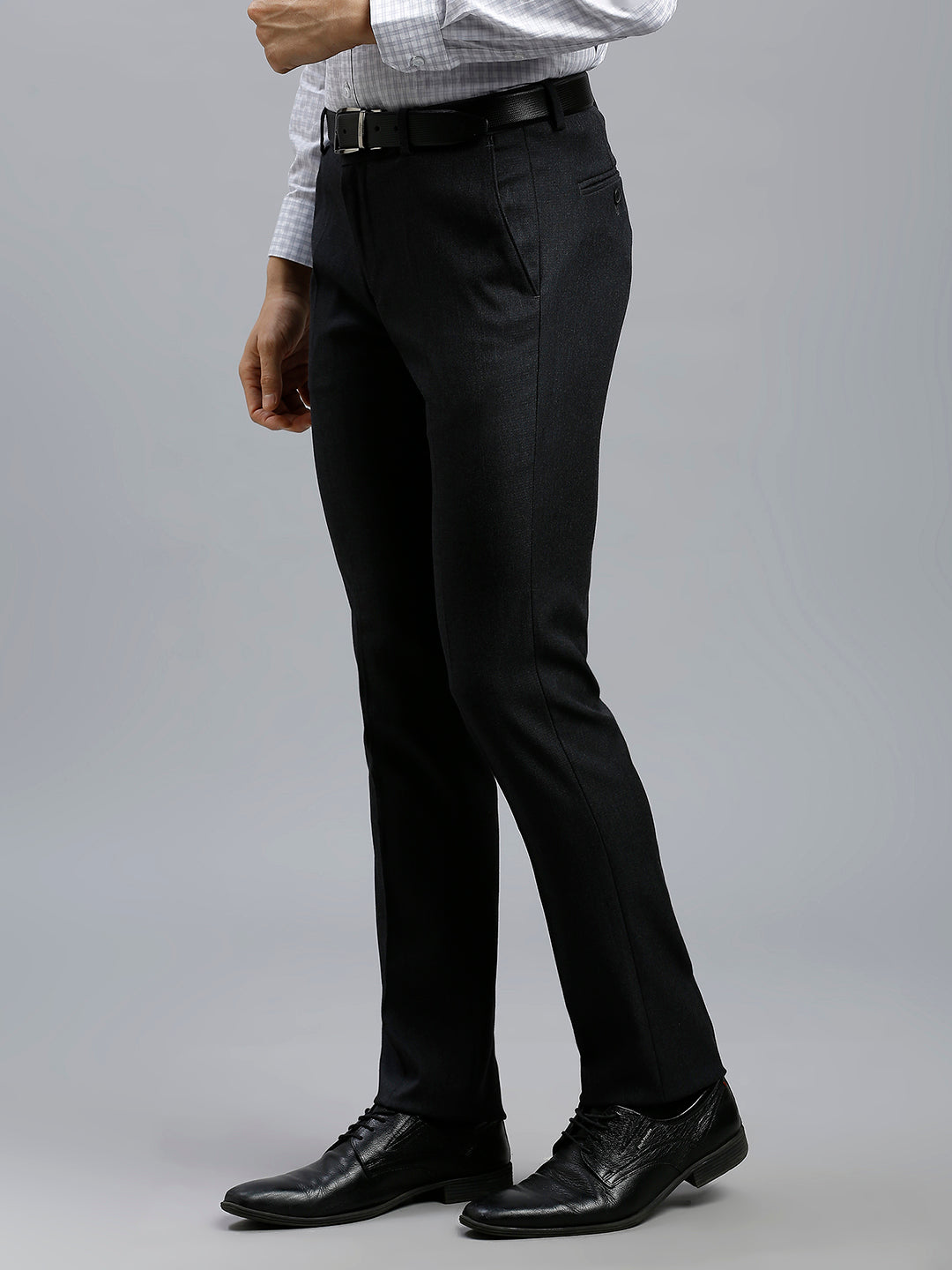 Modern Black Plain Poly Viscose Elastane Tailor Fit Formal Cross Pocket Trouser