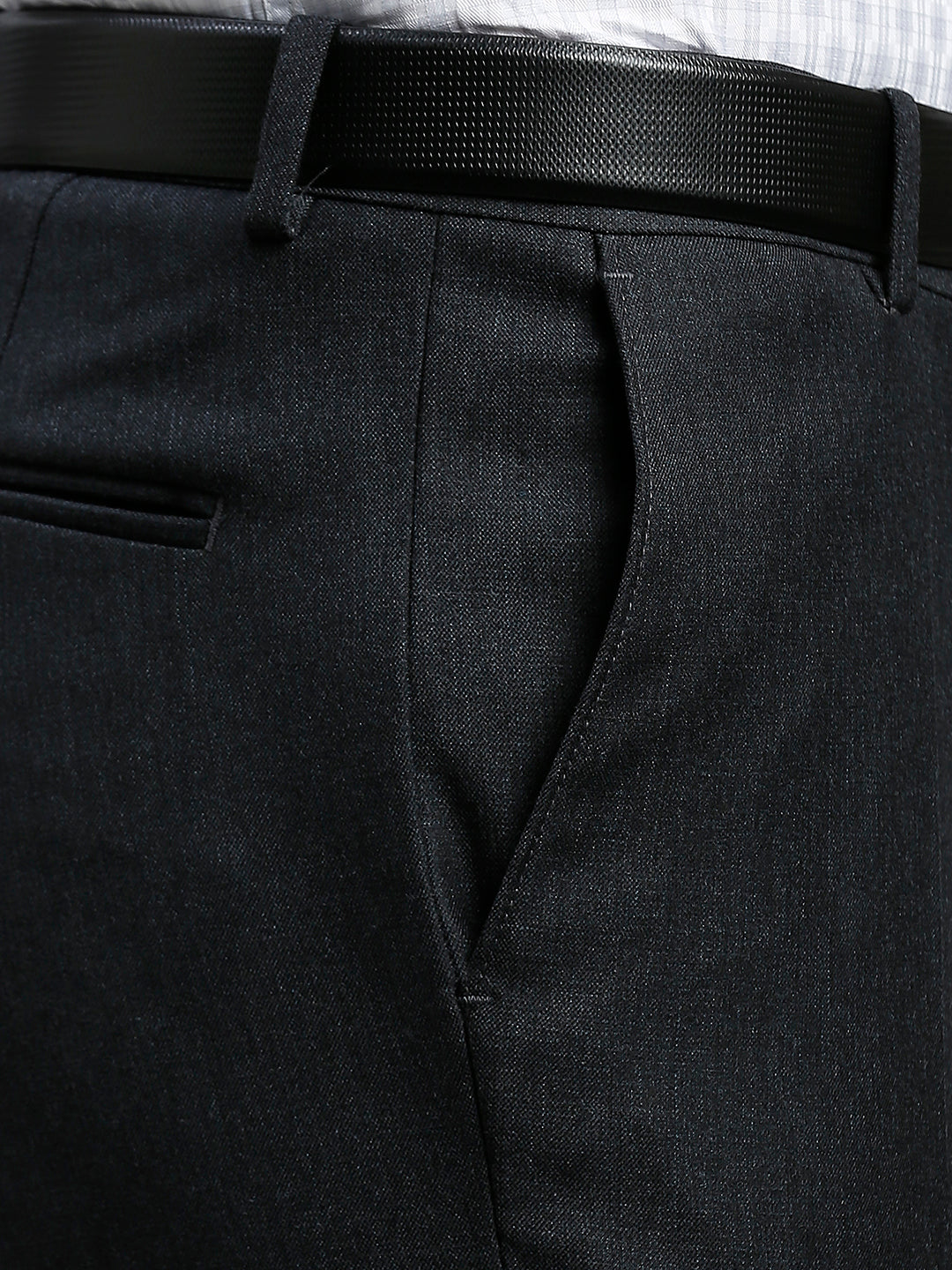 Modern Black Plain Poly Viscose Elastane Tailor Fit Formal Cross Pocket Trouser