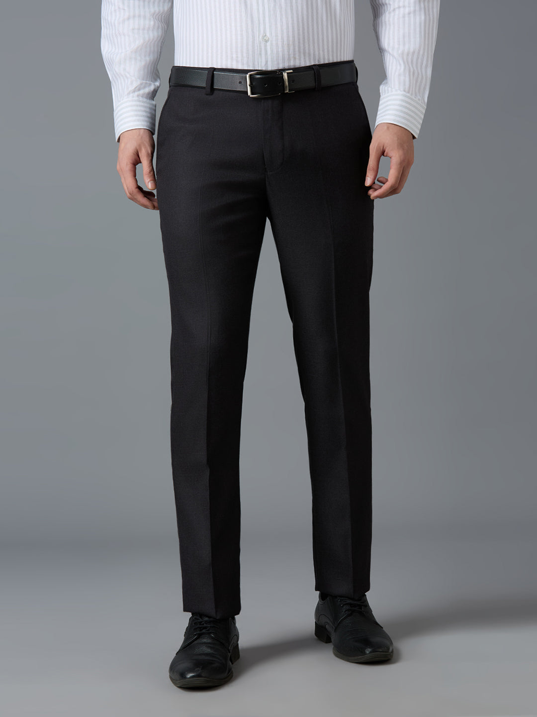 Dark Grey Plain Poly Viscose Elastane Tailor Fit Formal Cross Pocket Trousers