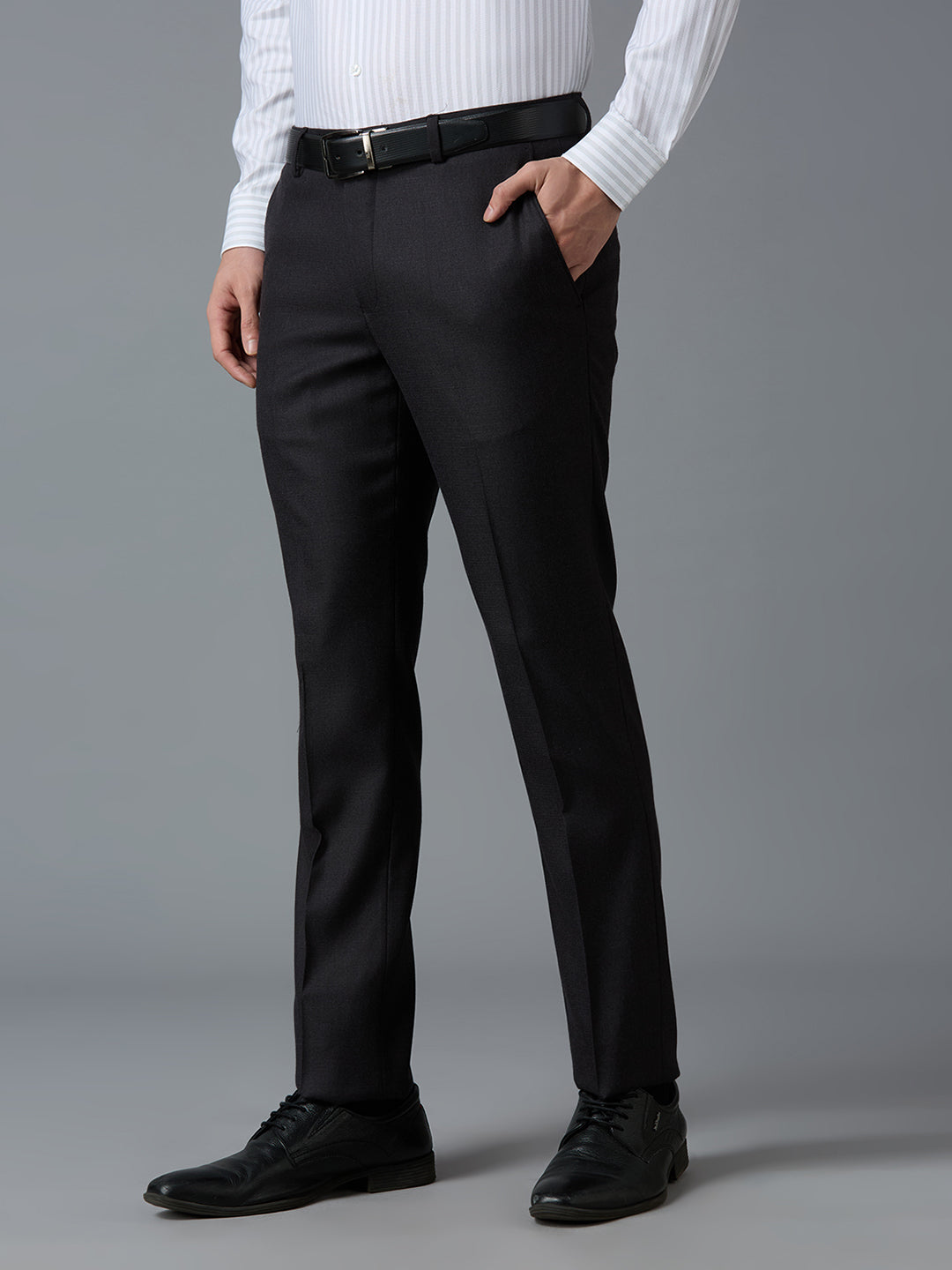 Dark Grey Plain Poly Viscose Elastane Tailor Fit Formal Cross Pocket Trousers