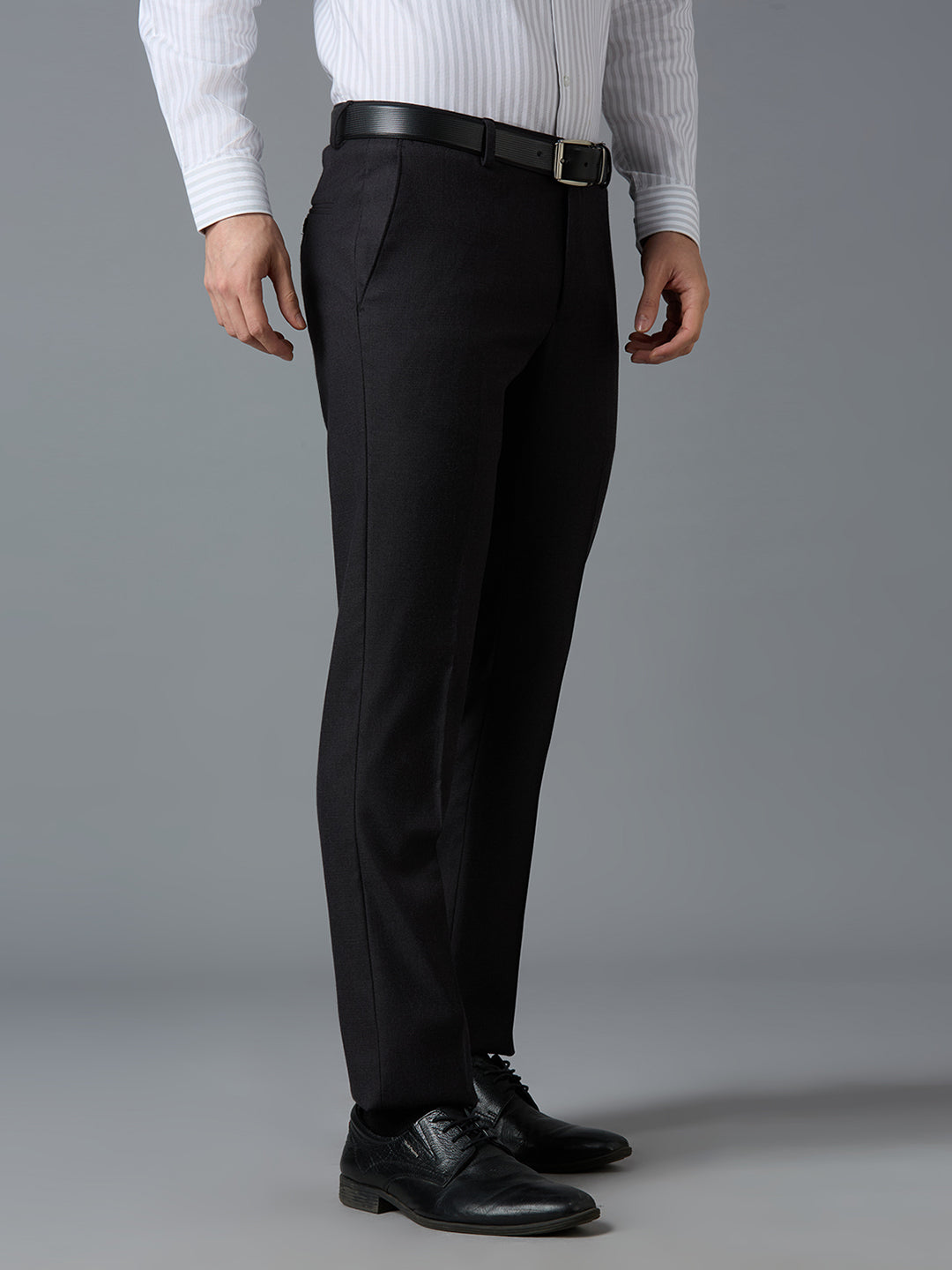 Dark Grey Plain Poly Viscose Elastane Tailor Fit Formal Cross Pocket Trousers