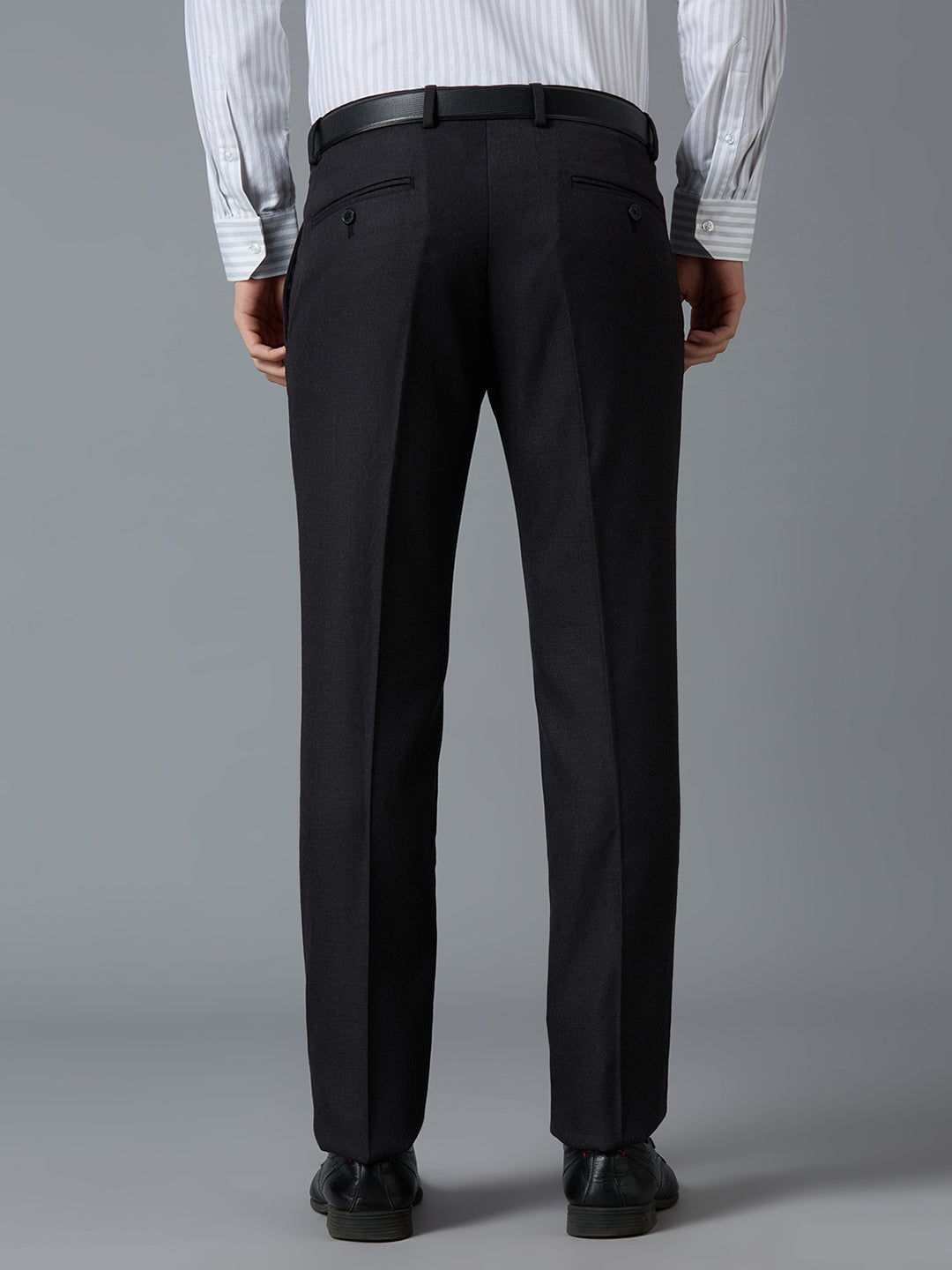 Dark Grey Plain Poly Viscose Elastane Tailor Fit Formal Cross Pocket Trousers
