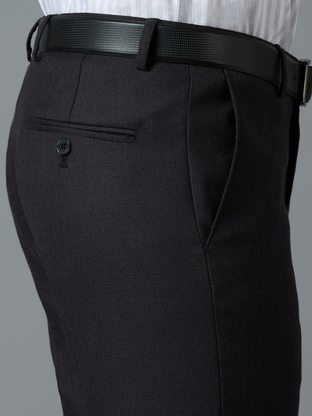 Dark Grey Plain Poly Viscose Elastane Tailor Fit Formal Cross Pocket Trousers