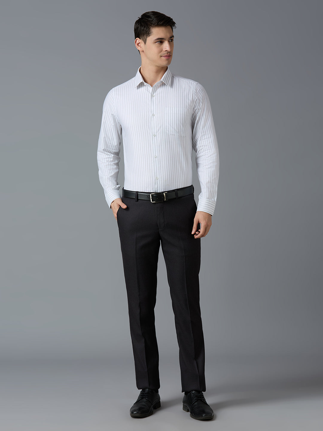 Dark Grey Plain Poly Viscose Elastane Tailor Fit Formal Cross Pocket Trousers