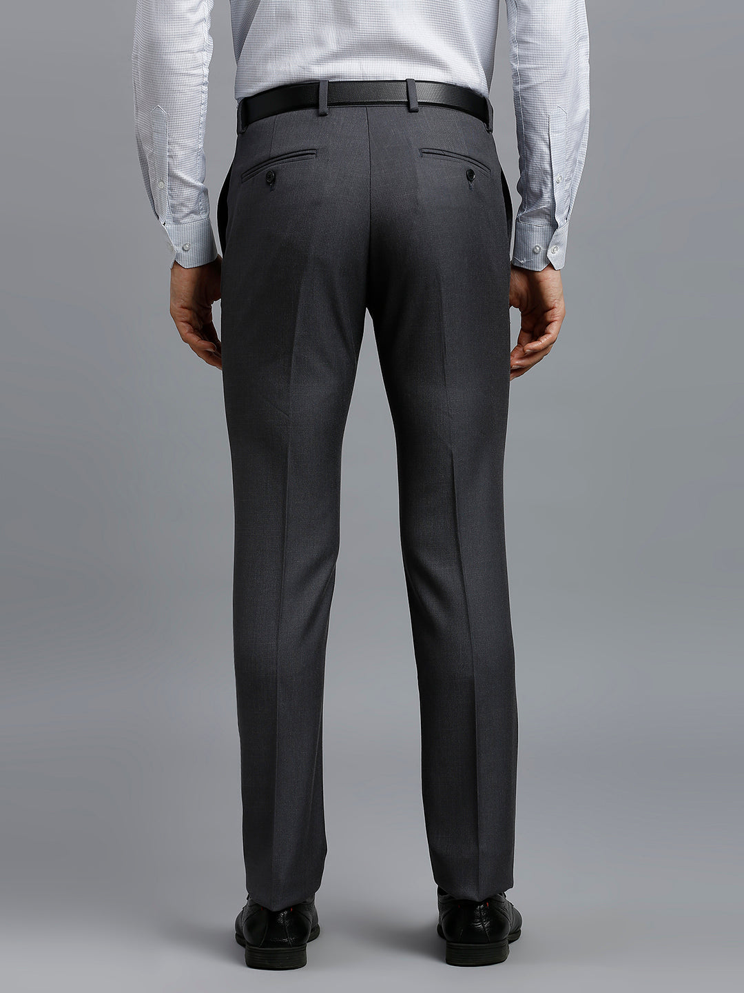 Mid Grey Plain Poly Viscose Elastane Tailor Fit Formal Cross Pocket Trousers