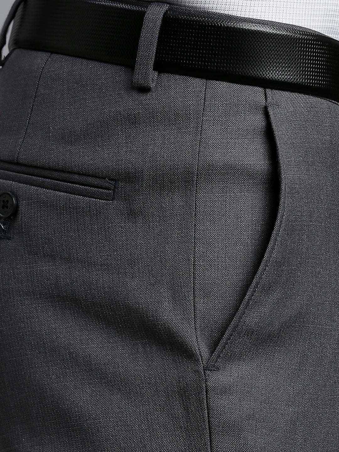 Mid Grey Plain Poly Viscose Elastane Tailor Fit Formal Cross Pocket Trousers