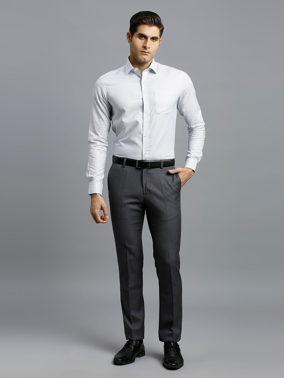 Mid Grey Plain Poly Viscose Elastane Tailor Fit Formal Cross Pocket Trousers