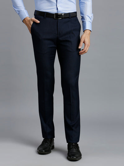Premium Navy Plain Poly Viscose Elastane Tailor Fit Formal Cross Pocket Trouser