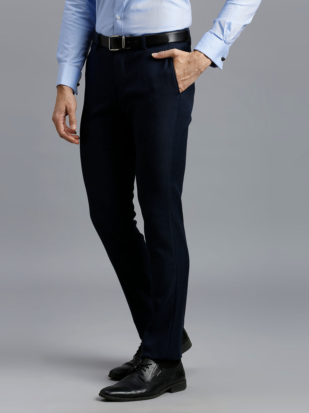 Premium Navy Plain Poly Viscose Elastane Tailor Fit Formal Cross Pocket Trouser