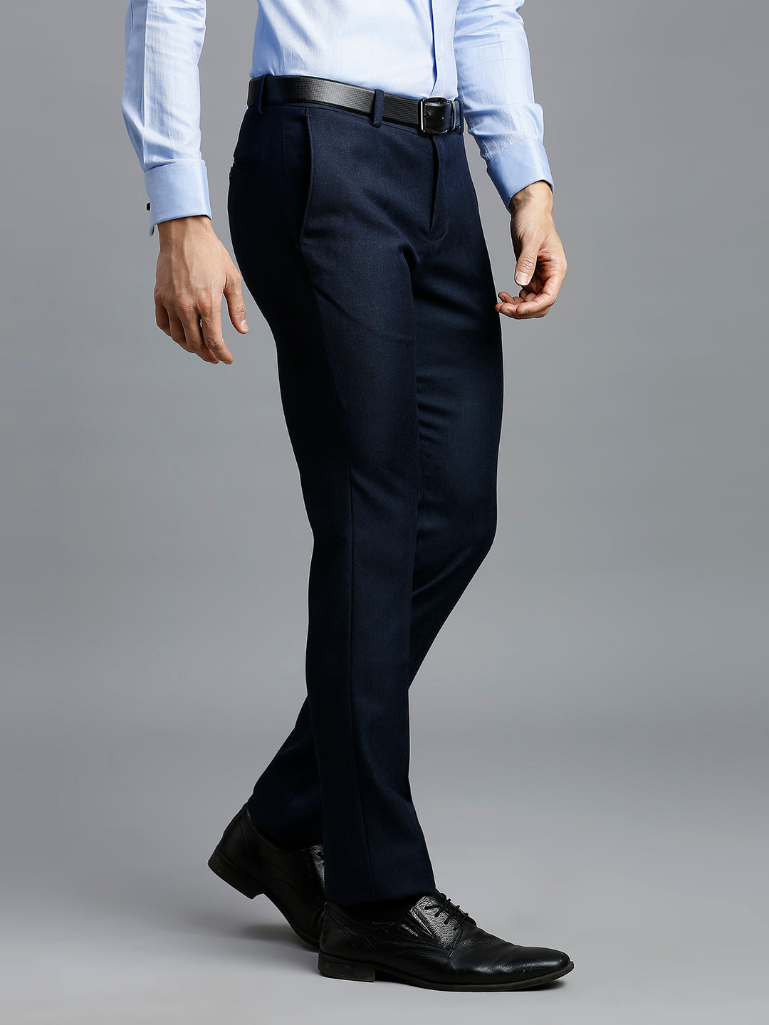 Premium Navy Plain Poly Viscose Elastane Tailor Fit Formal Cross Pocket Trouser