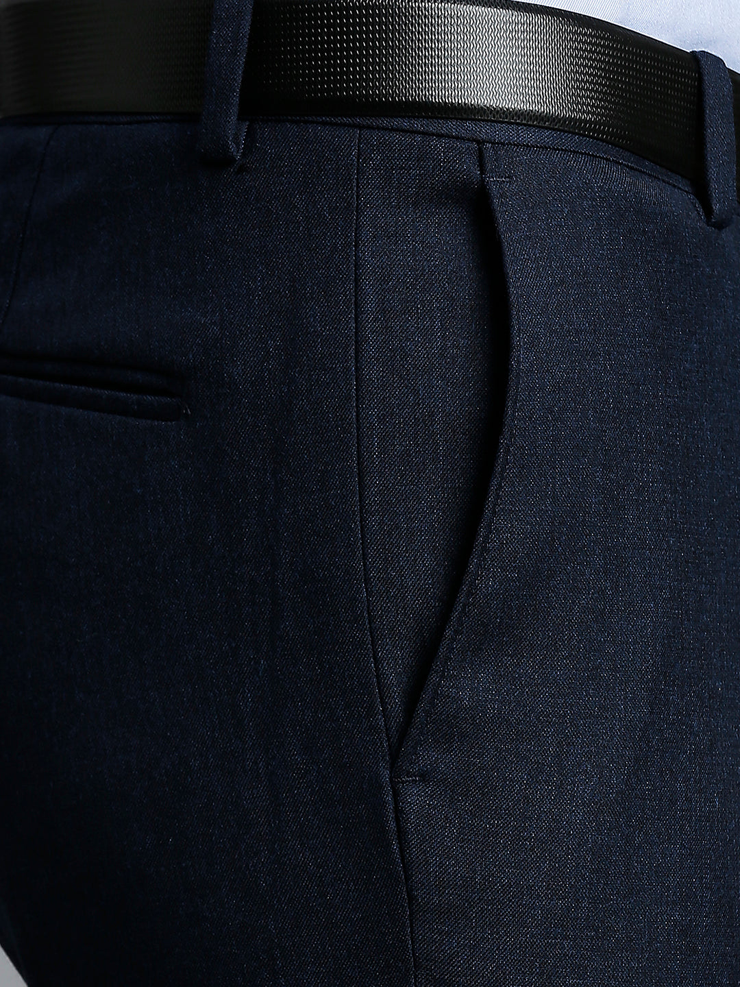Premium Navy Plain Poly Viscose Elastane Tailor Fit Formal Cross Pocket Trouser