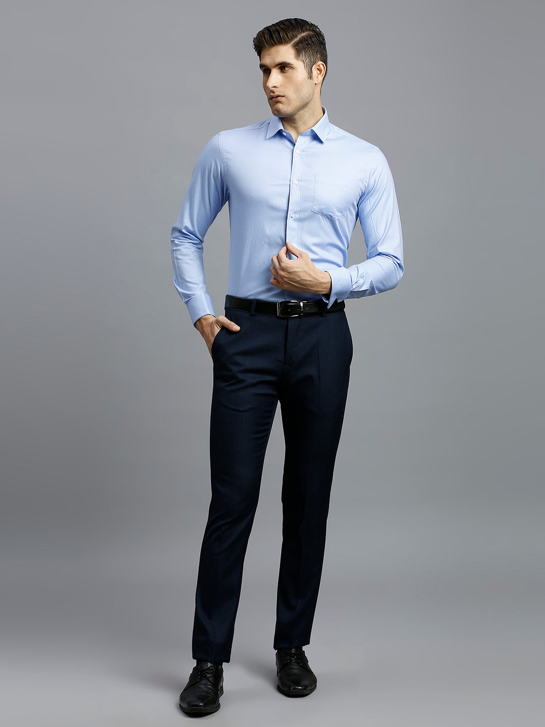 Premium Navy Plain Poly Viscose Elastane Tailor Fit Formal Cross Pocket Trouser