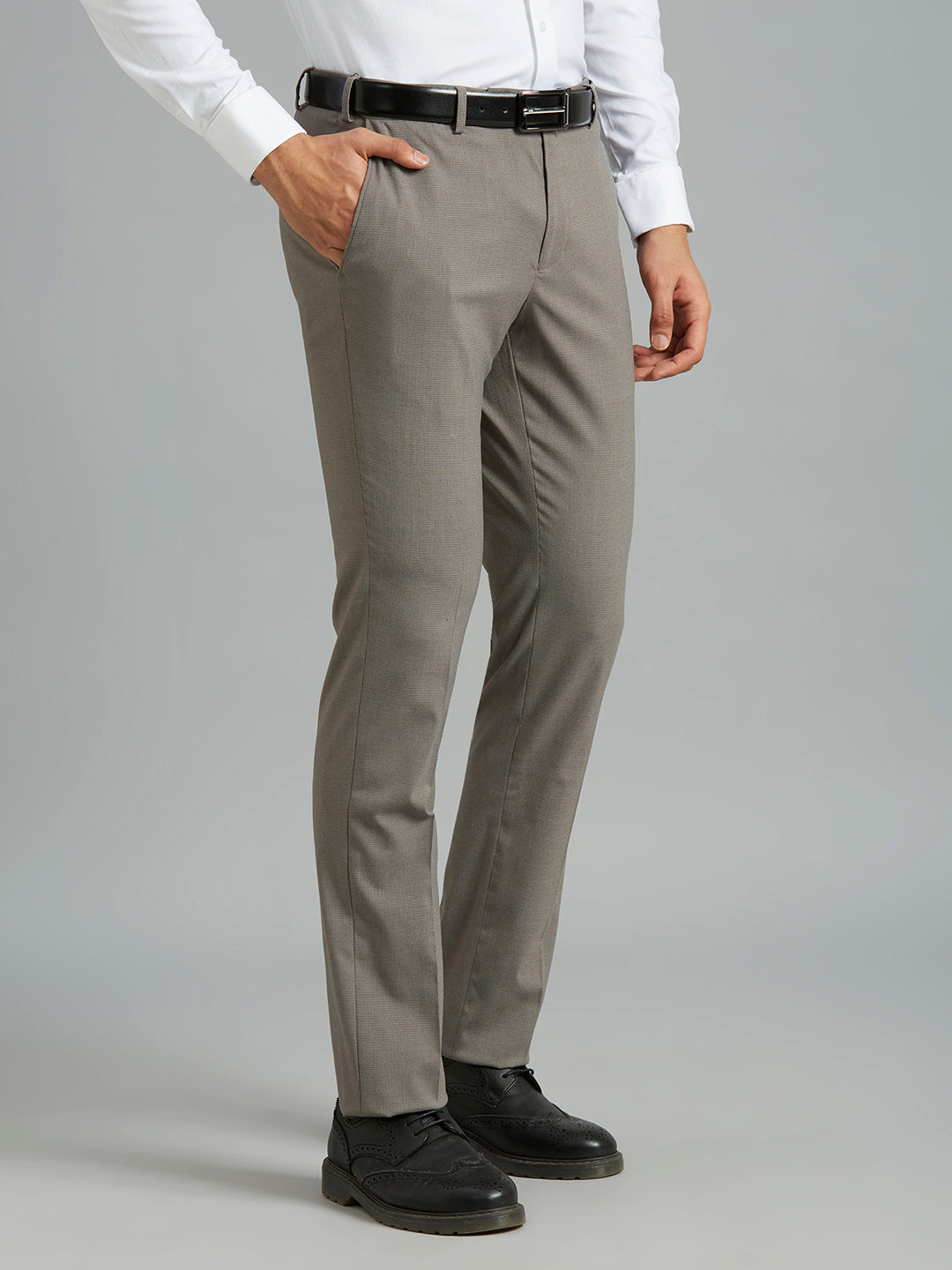 Grey Checks Poly Viscose Elastane Auto Fit Formal Cross Pocket Trousers