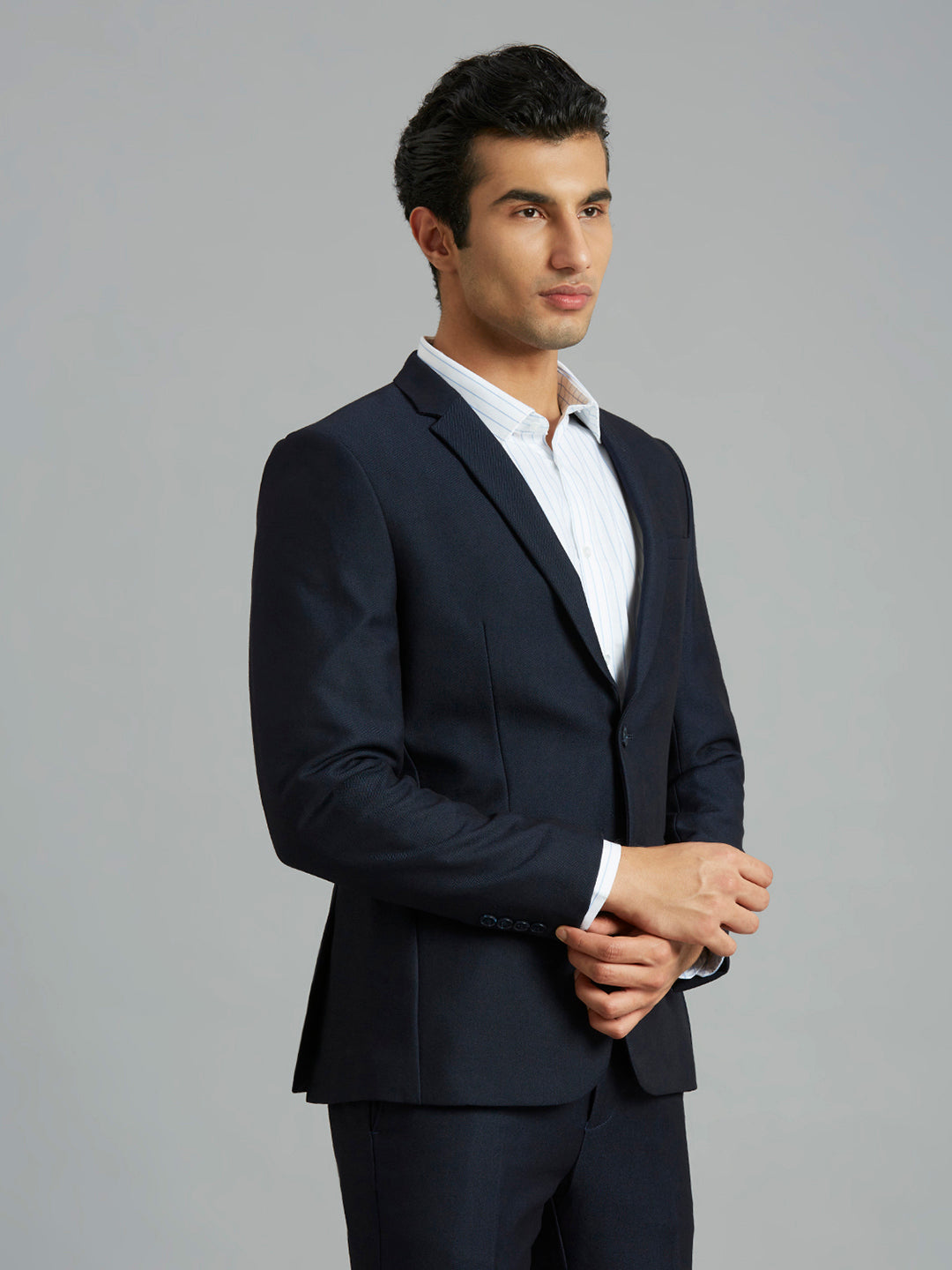 Navy Dobby Y/D Poly Viscose Elastane Tailor Fit Formal Full Sleeve Blazers