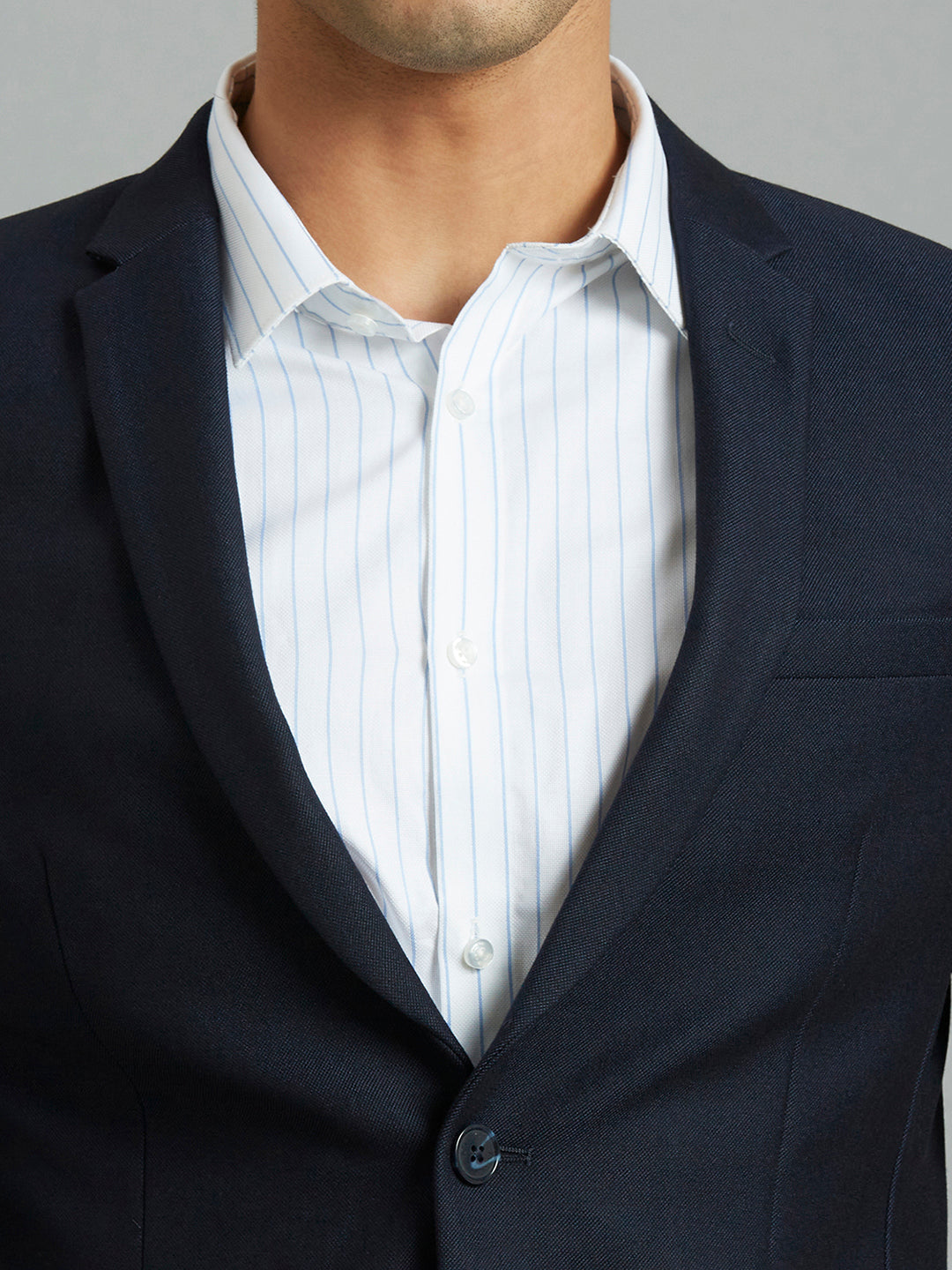 Navy Dobby Y/D Poly Viscose Elastane Tailor Fit Formal Full Sleeve Blazers