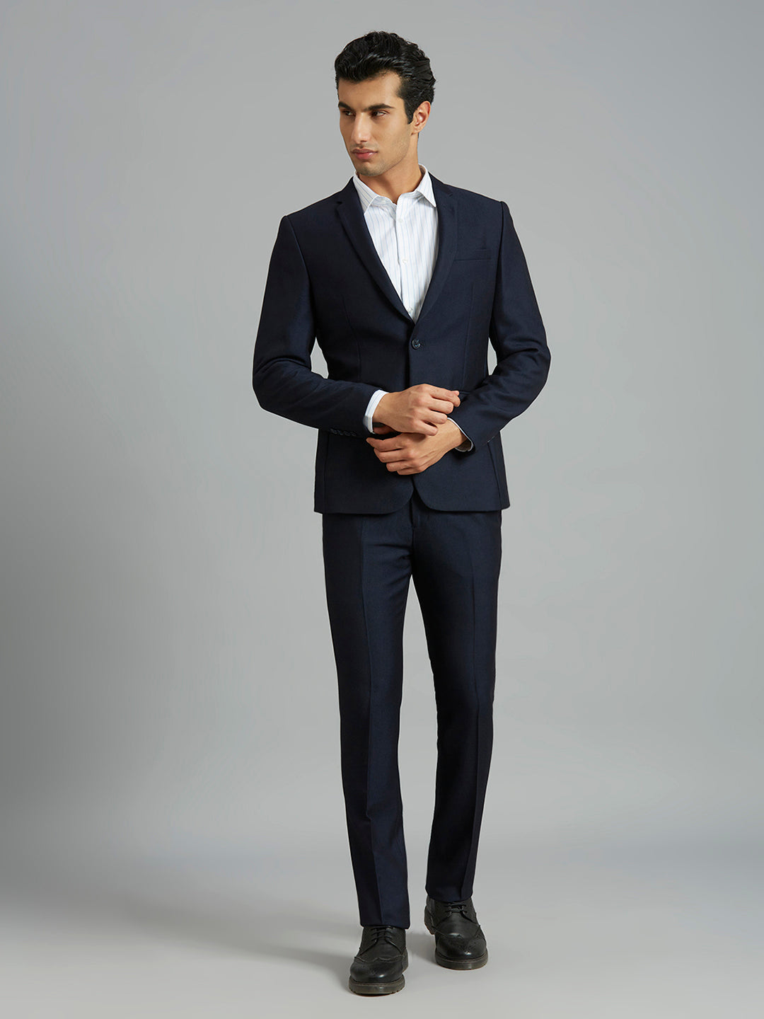 Navy Dobby Y/D Poly Viscose Elastane Tailor Fit Formal Full Sleeve Blazers