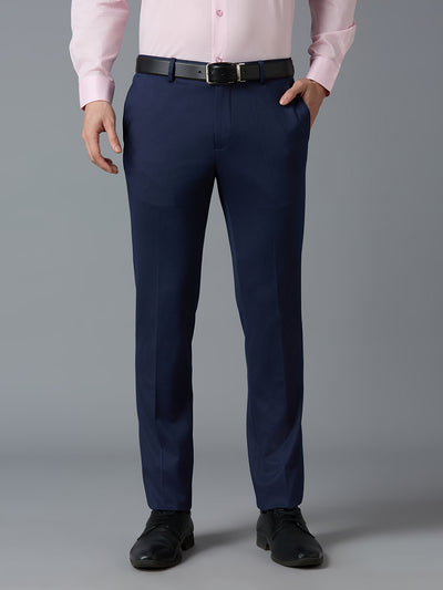 Blue Dobby Y/D Poly Viscose Elastane Tailor Fit Formal Cross Pocket Trousers