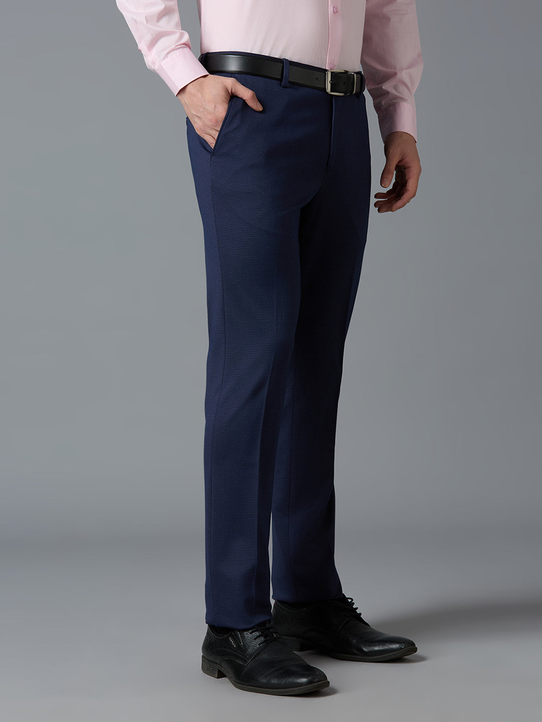 Blue Dobby Y/D Poly Viscose Elastane  Tailor Fit Formal Cross Pocket Trousers