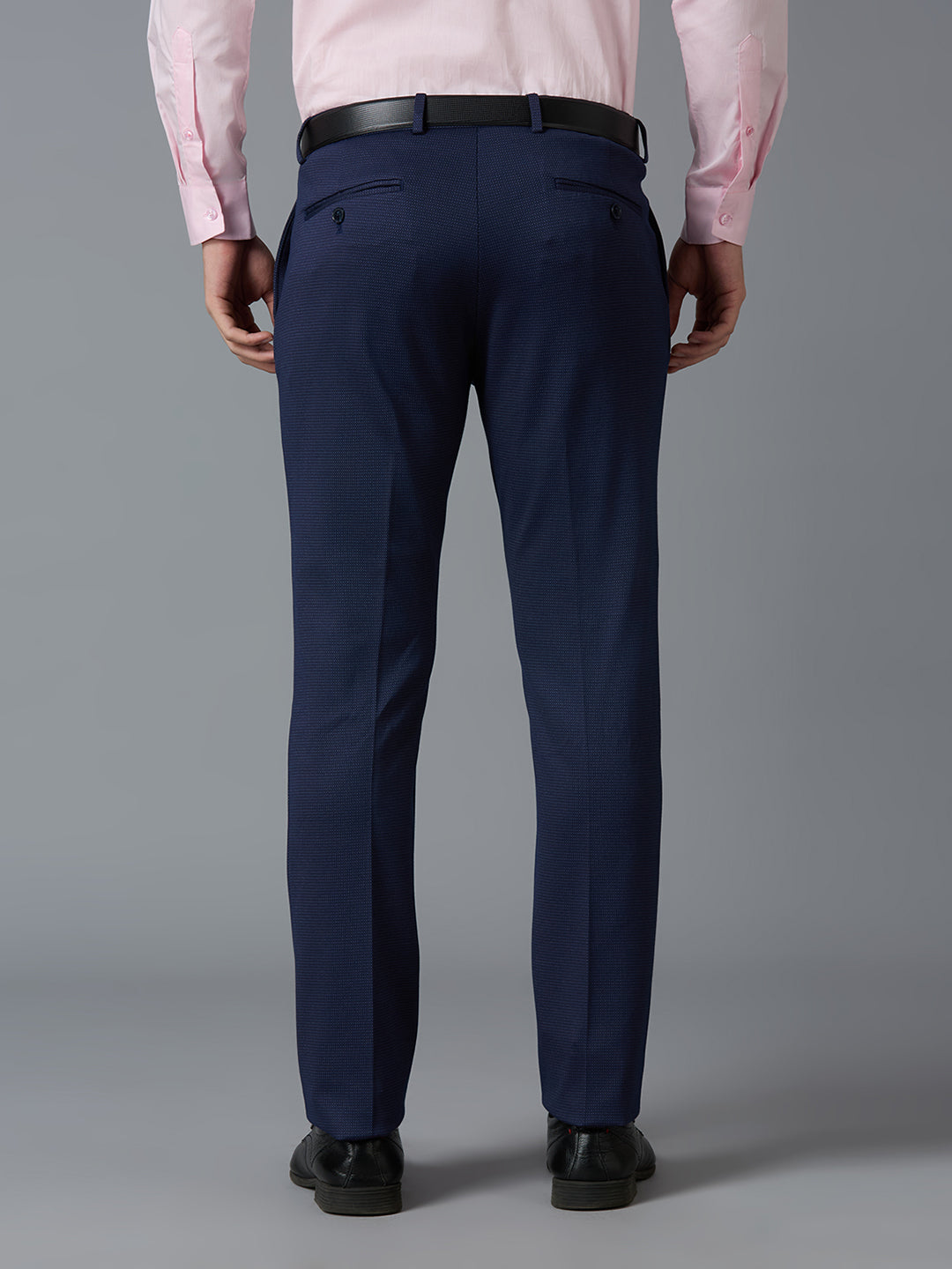 Blue Dobby Y/D Poly Viscose Elastane  Tailor Fit Formal Cross Pocket Trousers