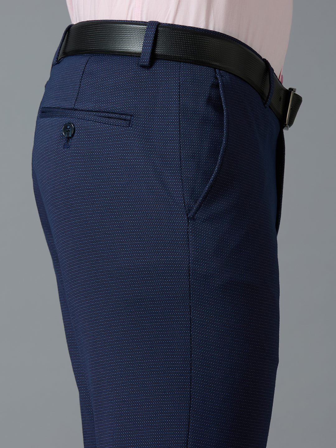 Blue Dobby Y/D Poly Viscose Elastane  Tailor Fit Formal Cross Pocket Trousers