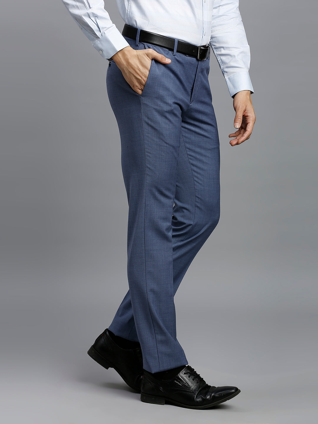Light Blue Milange Plain Wool Blend With Elastane Auto Fit Formal Cross Pocket Trouser