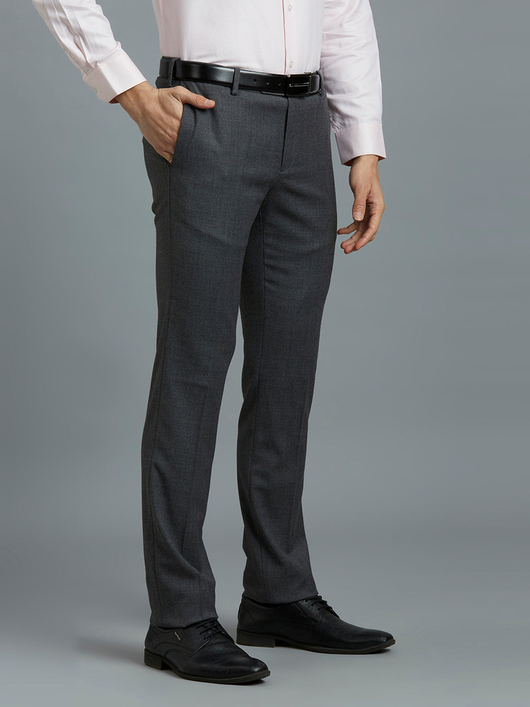 Premium Med Grey Milange Plain Wool Blend With Elastane Auto Fit Formal Cross Pocket Trouser