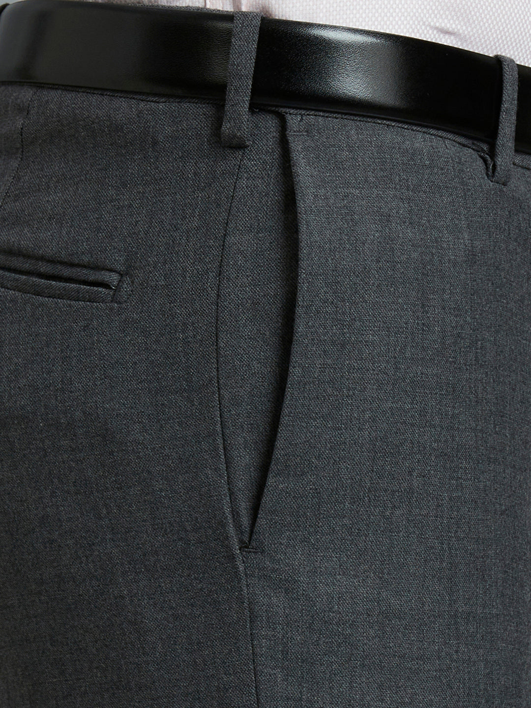 Premium Med Grey Milange Plain Wool Blend With Elastane Auto Fit Formal Cross Pocket Trouser