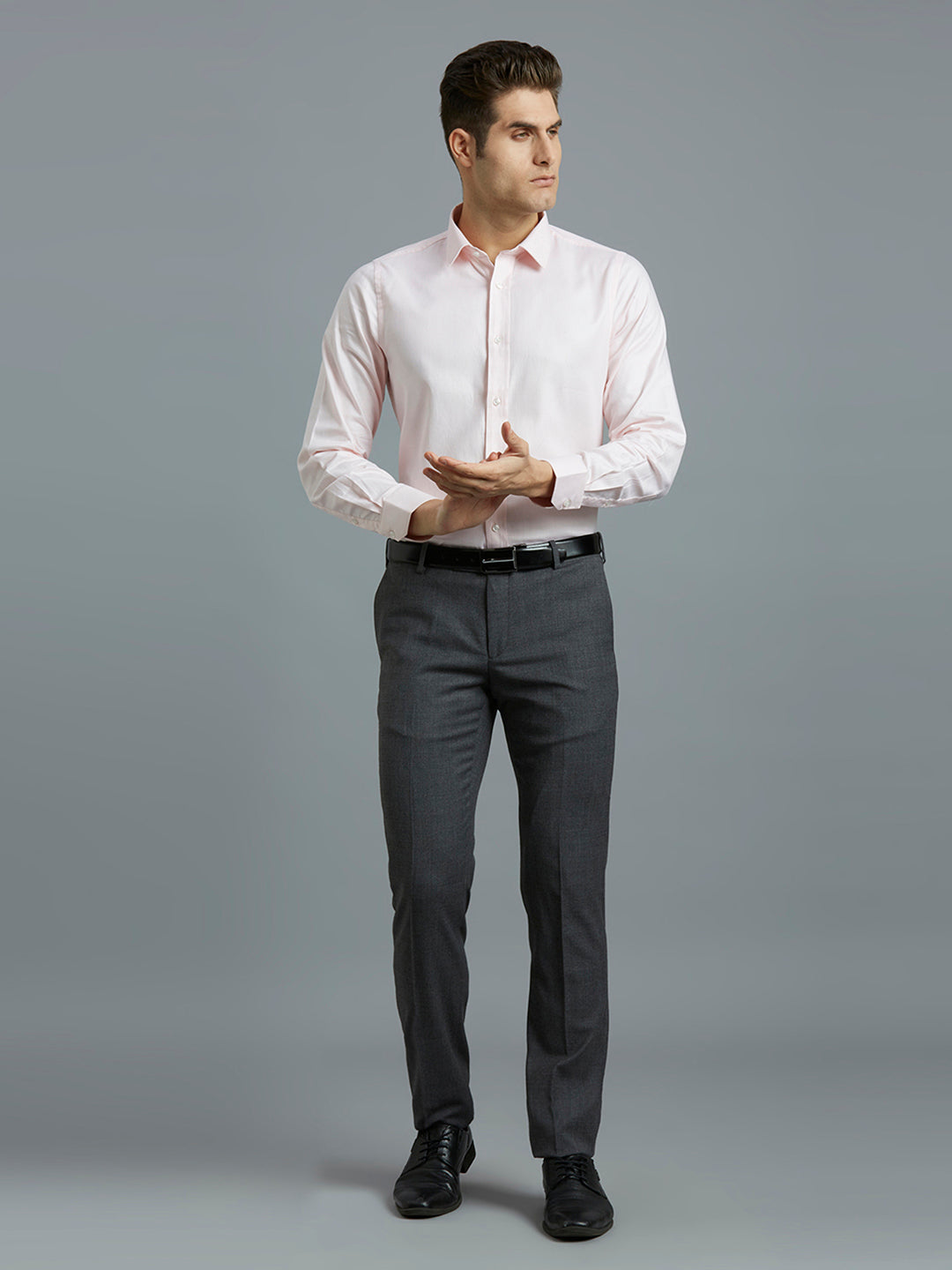 Premium Med Grey Milange Plain Wool Blend With Elastane Auto Fit Formal Cross Pocket Trouser