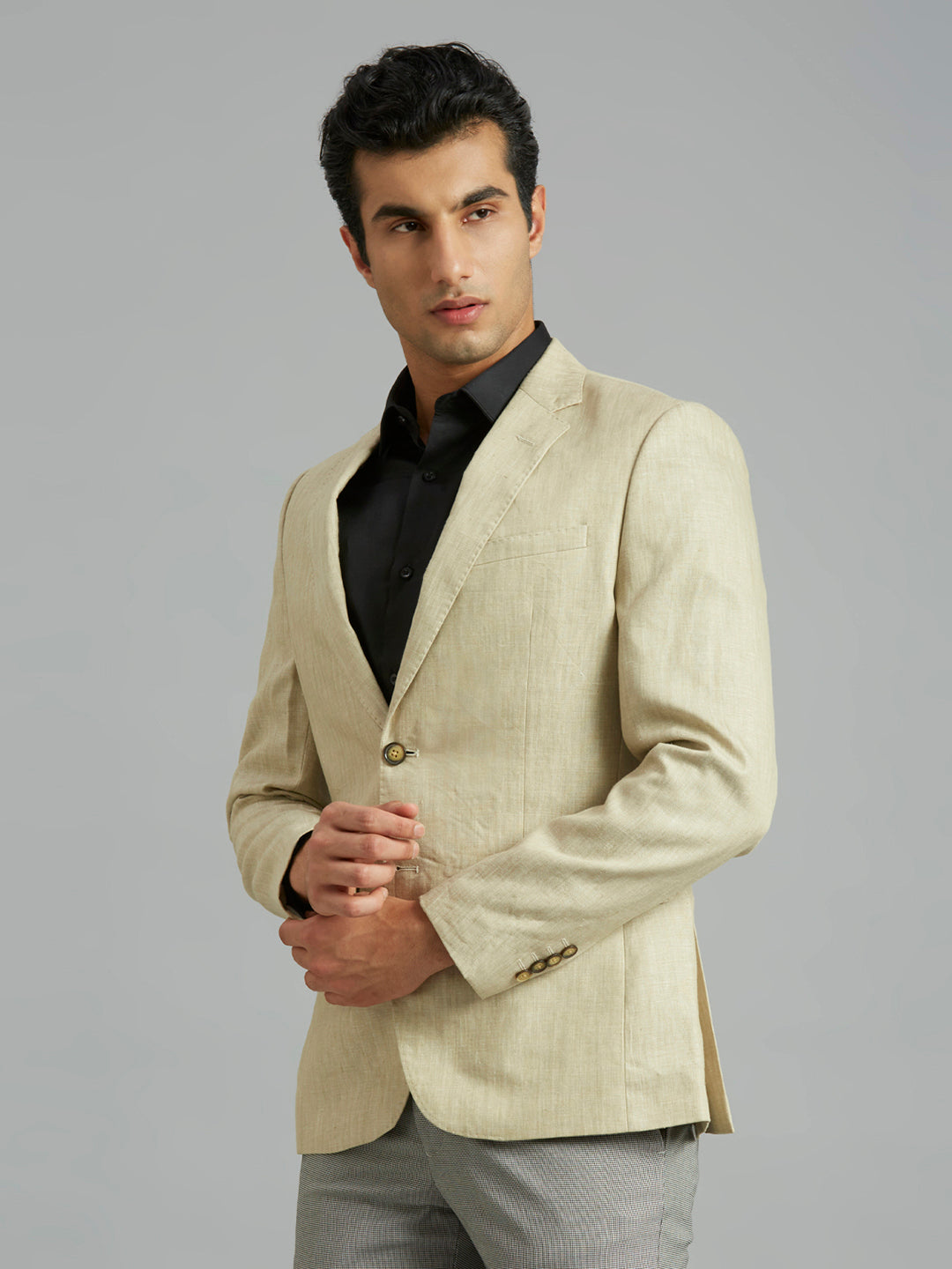 Beige Plain 100% Linen Tailor Fit Formal Full Sleeve Blazer