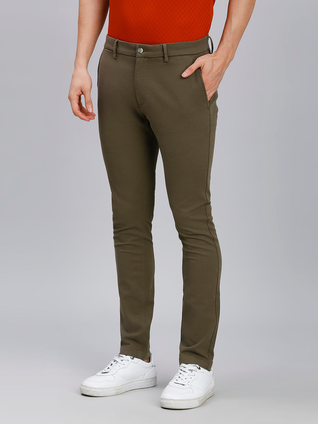 Olive Plain Cotton Elastane Slim Fit Casual Cross Pocket Chino