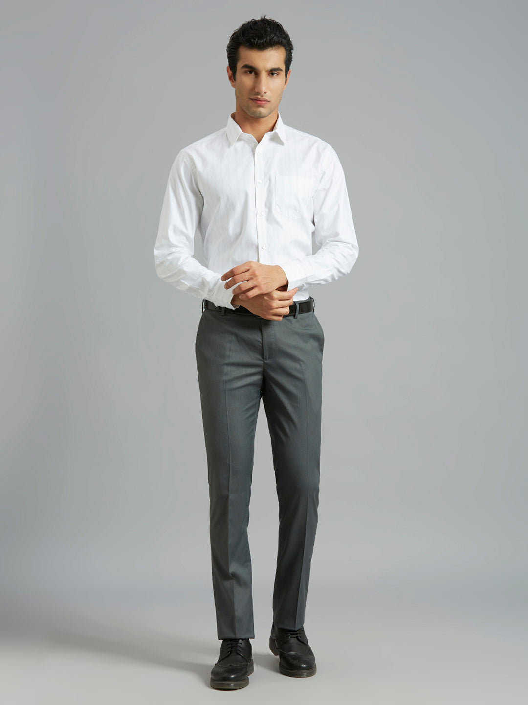 Grey Dobby Y/D Poly Viscose Elastane Auto Fit Formal Cross Pocket Trousers