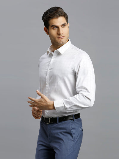 Men's Pure Cotton Checks Slim Fit Full Sleeve Formal Shirt - White & Blue