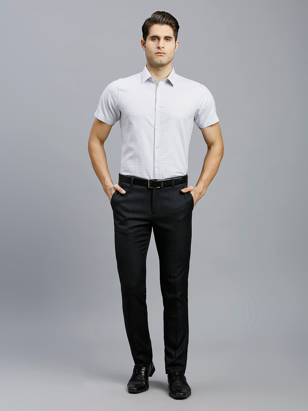 White & Grey Checks 100% Cotton Slim Fit Formal Half Sleeve Shirt