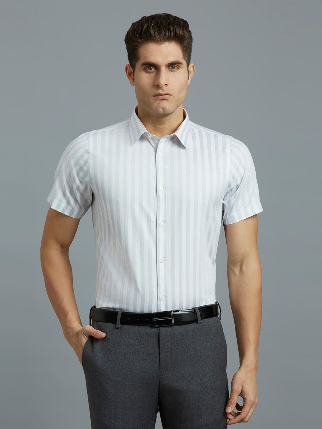 White & Grey Stripe 100% Cotton Slim Fit Formal Half Sleeve Shirt