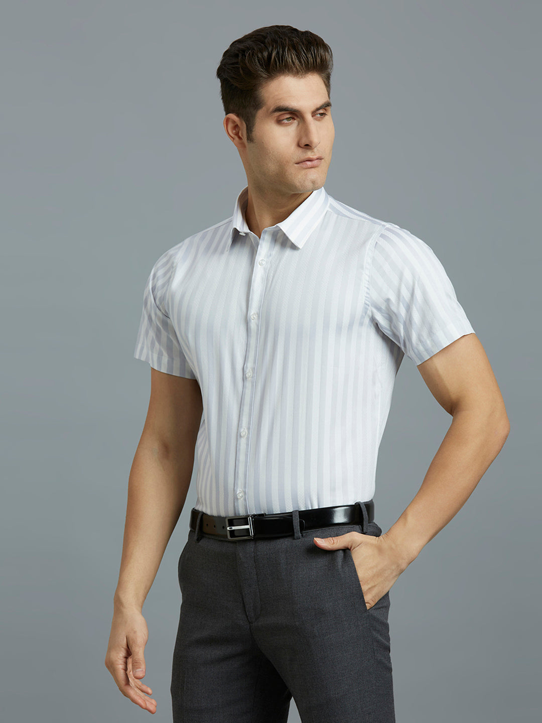 White & Grey Stripe 100% Cotton Slim Fit Formal Half Sleeve Shirt