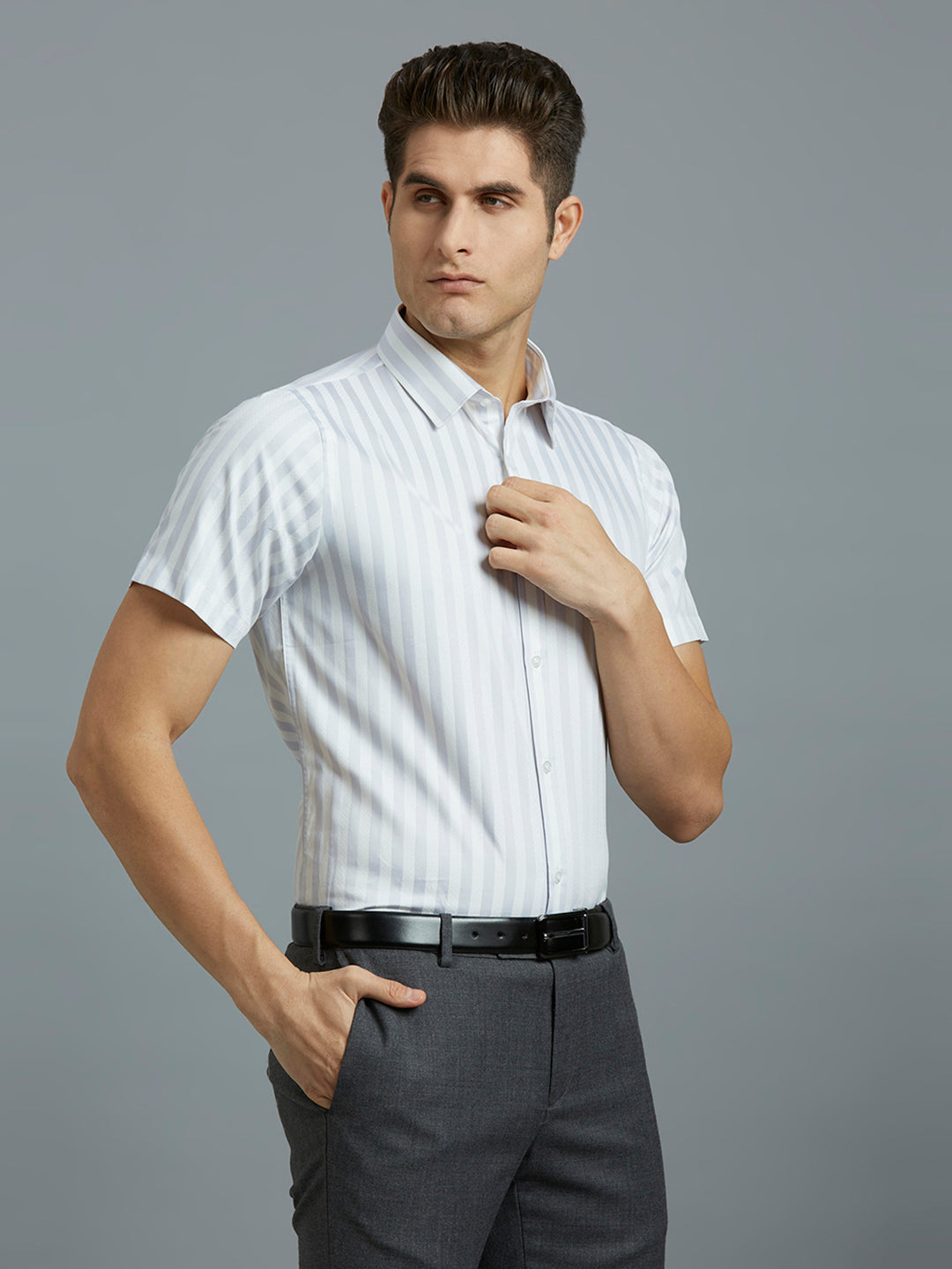 White & Grey Stripe 100% Cotton Slim Fit Formal Half Sleeve Shirt