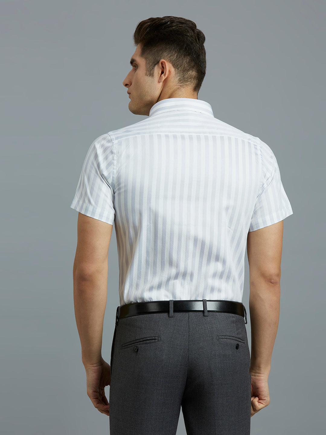 White & Grey Stripe 100% Cotton Slim Fit Formal Half Sleeve Shirt