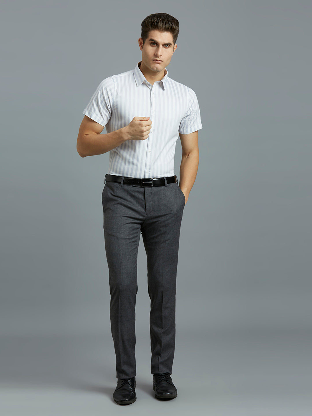 White & Grey Stripe 100% Cotton Slim Fit Formal Half Sleeve Shirt