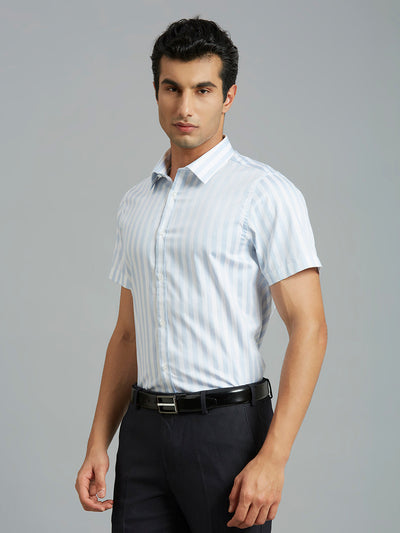 Men's Pure Cotton Stripe Slim Fit Half Sleeve Formal Shirt - White & Blue